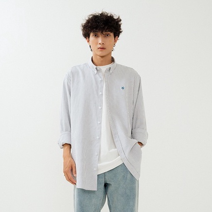 OWL BRAND ® LOGO OXFORD SHIRT - Áo sơ mi hình thêu đơn giản / Sọc xám