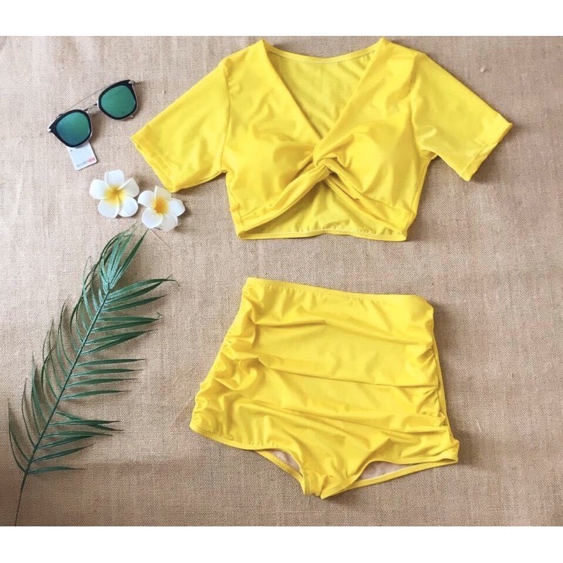 Bikini Tay Ngắn Xoắn Ngực Kín Đáo Hai Màu, Set Đồ Bơi Áo Croptop Kèm Quần Cạp Bao Che Bụng  - OS036