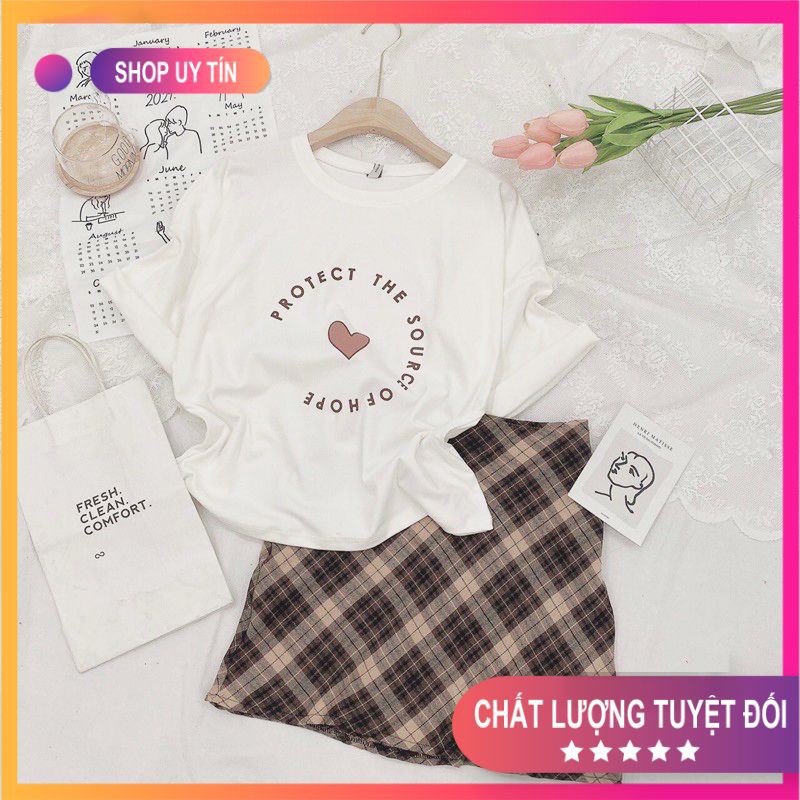 [Mã FADI5K245 giảm 5K đơn 0đ] Set Đồ Nữ 💧Combo Váy Áo💧 Bộ áo phông chữ trái tim mix chân váy A kẻ nâu siêu xinh SET03 | BigBuy360 - bigbuy360.vn