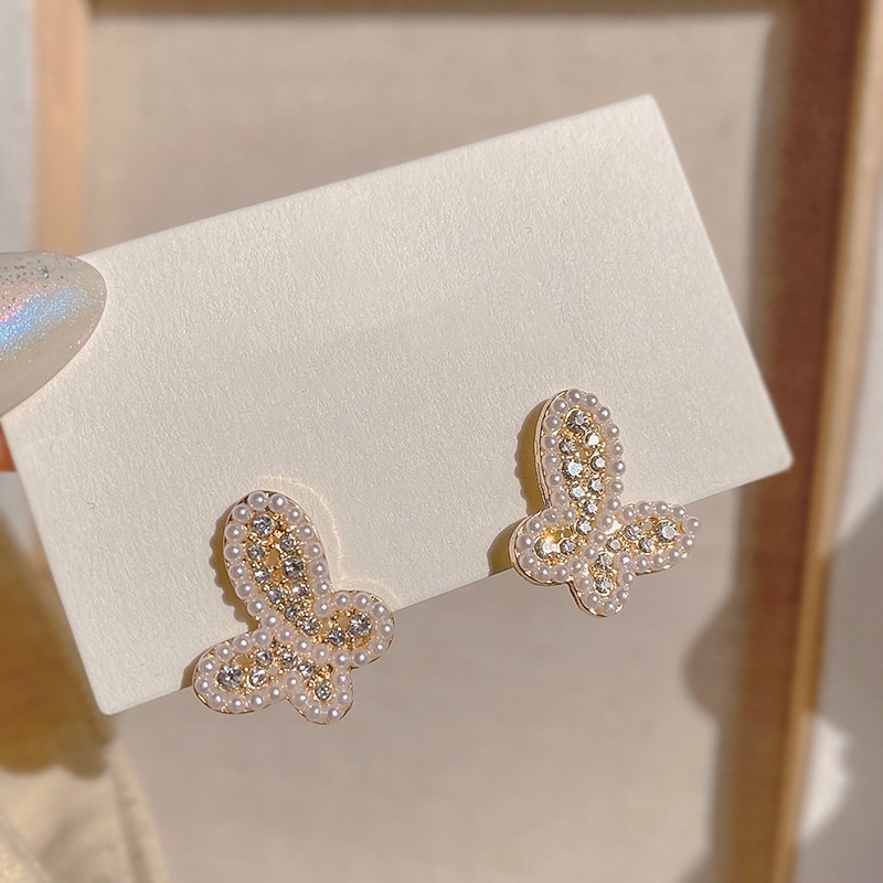 Khuyên tai RINHOO hình bướm rỗng đính đá và ngọc trai nhân tạo nhiều mẫu tùy chọn thời trang cho nữ