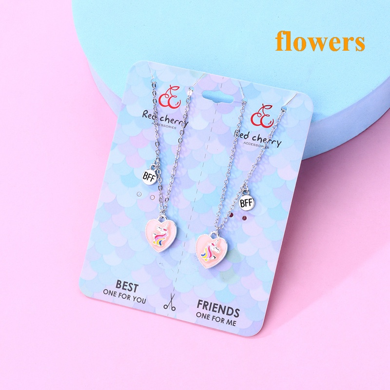 Set 2 Vòng cổ Tình Bạn BFF Hình Kì Lân Trái Tim Màu Hồng Dành Cho Trẻ Em
