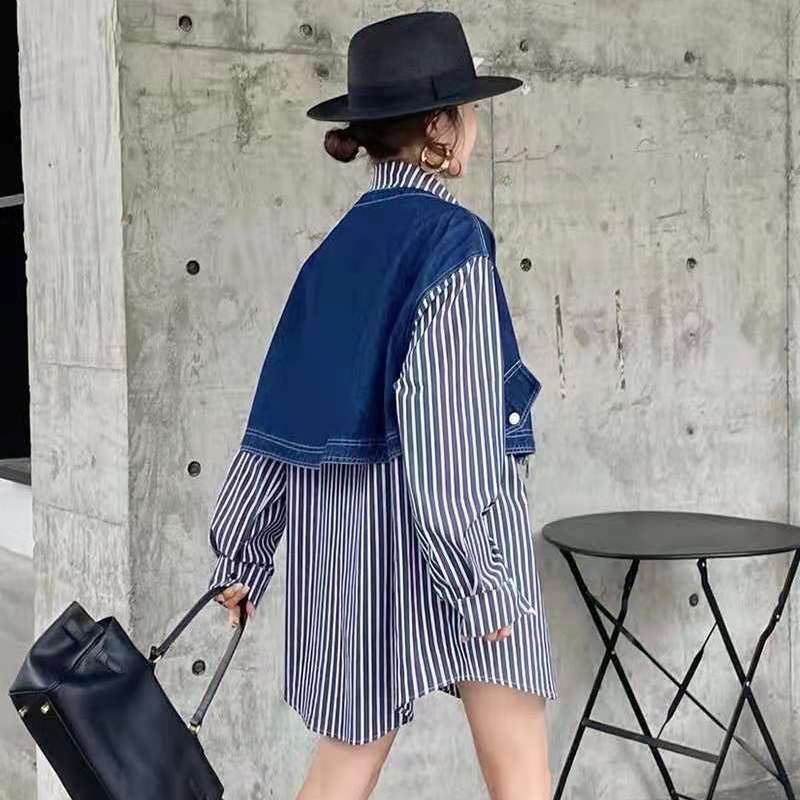 IELGY Áo sơ mi tay dài họa tiết kẻ sọc phong cách retro hong kong cho nữ