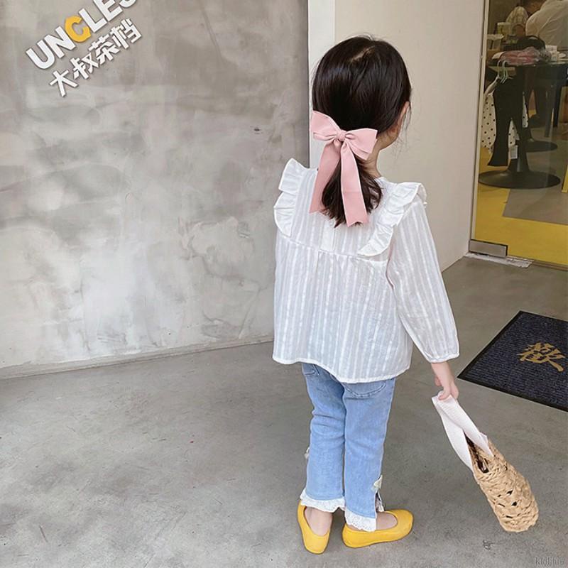 Áo tay dài cổ tròn màu trơn thêu trang trí dành cho bé gái