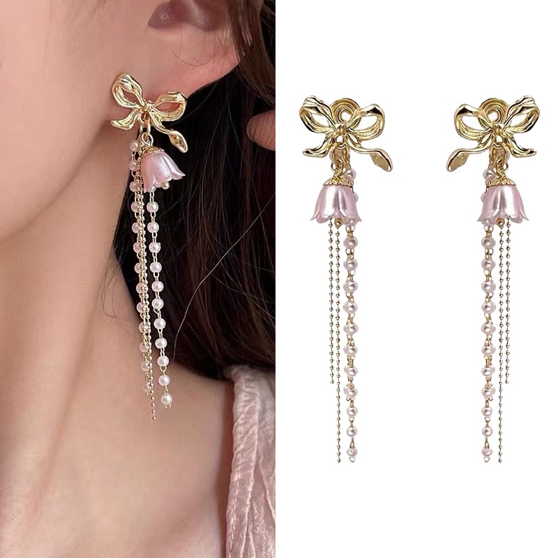 Bông Tai Hoa Lily Đính Ngọc Trai Nhân Tạo Phong Cách Pháp Lãng Mạn Thời Trang Mới 2022