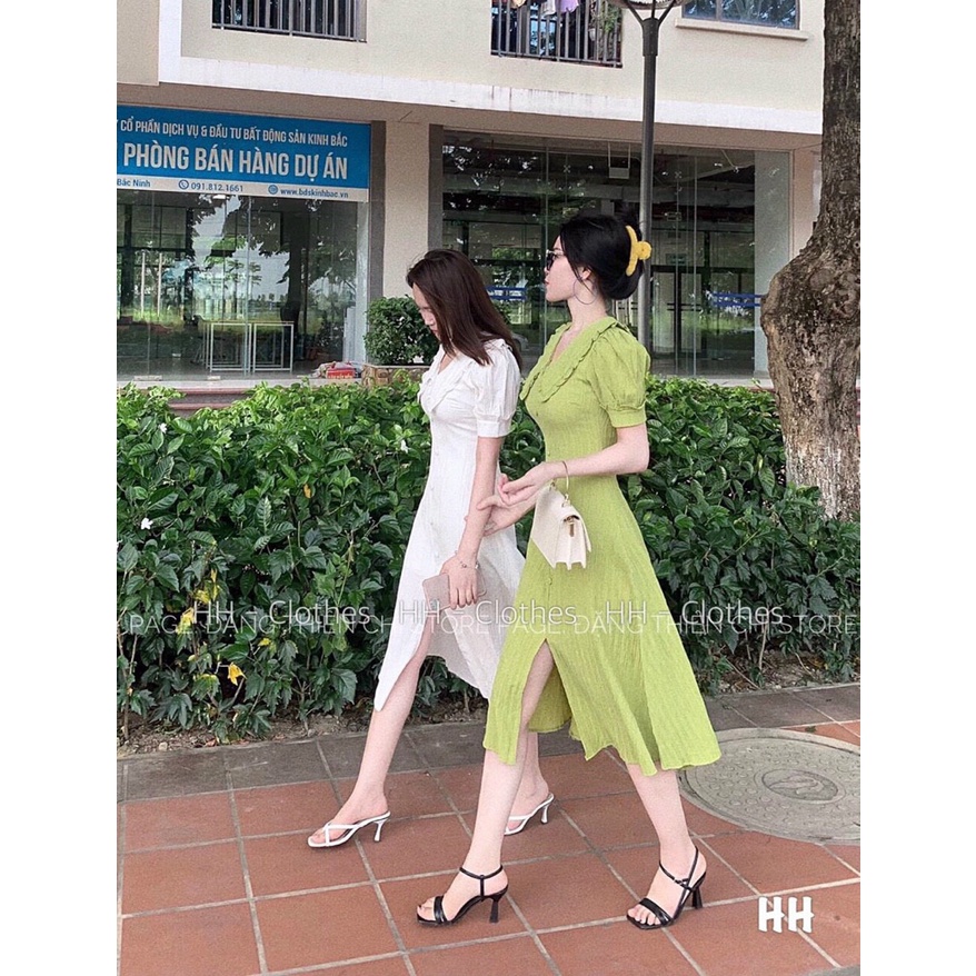 [8.8 Sales Freeship] Đầm tiểu thư cổ bèo tay búp xẻ tà, đầm maxi dáng dài phối nút cổ sen vintage xinh đẹp