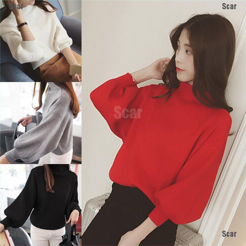 Áo sweater dệt kim dáng rộng chui đầu cổ lọ tay cánh dơi dễ thương cho nữ