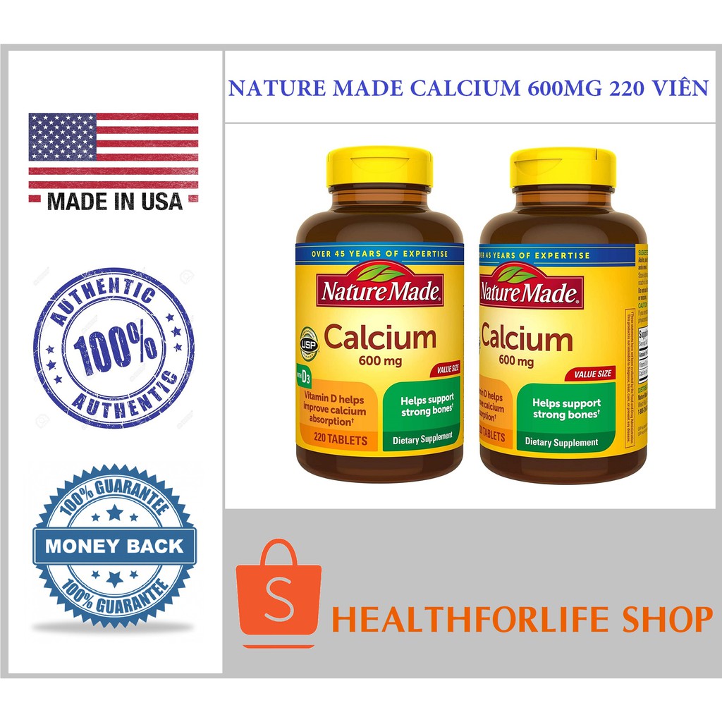 USA - Viên uống Canxi - Nature Made Calcium 600mg với vitamin D3 giúp chắc khỏe xương khớp 100/220 viên