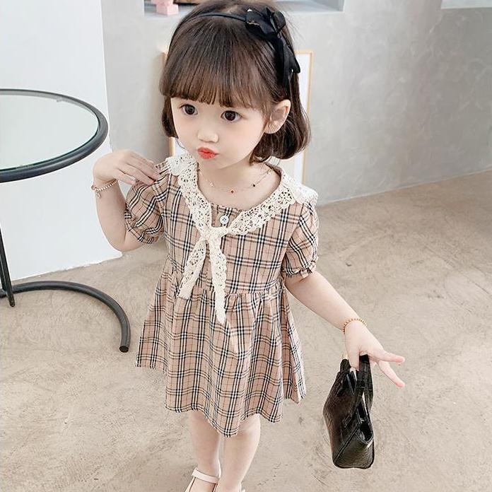 Đầm công chúa tay ngắn kẻ sọc caro thiết kế thời trang mùa hè theo phong cách Hàn Quốc cho bé gái 2021