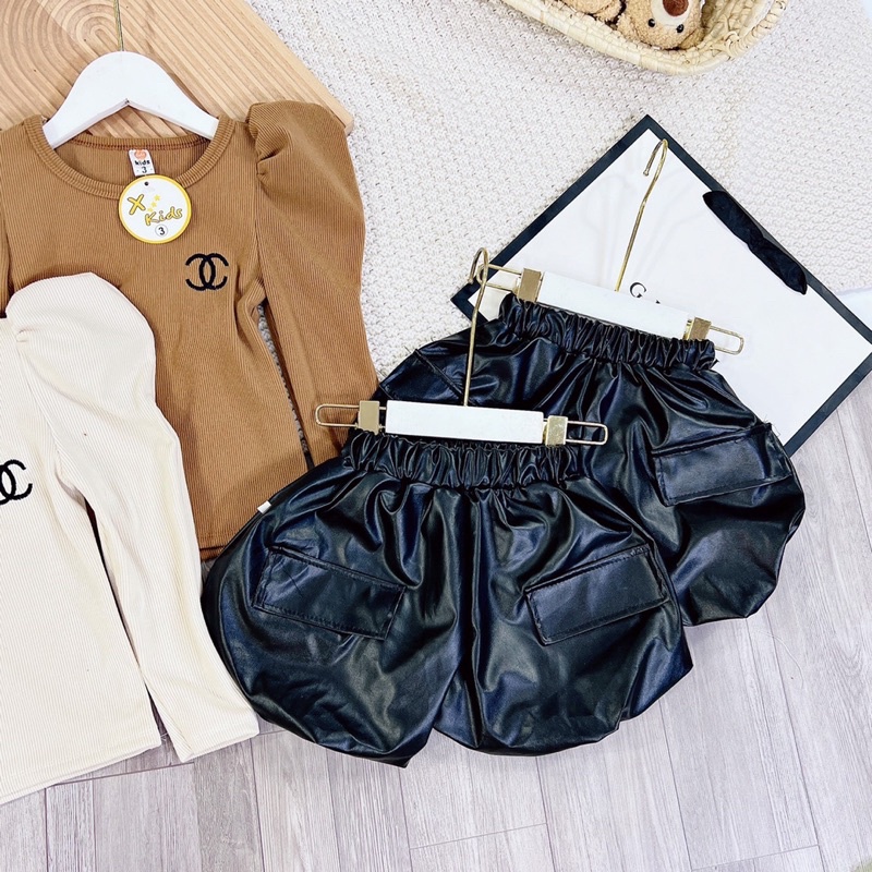 Set áo nhung lông tay bồng quần da cho bé gái