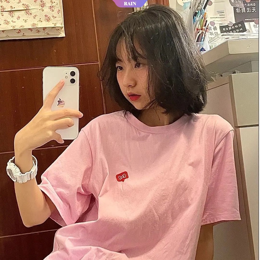 SANRIO Áo Thun Cotton Tay Ngắn Dáng Rộng In Họa Tiết Hello Kitty Màu Hồng Dễ Thương Thời Trang Mùa Hè Cho Nữ