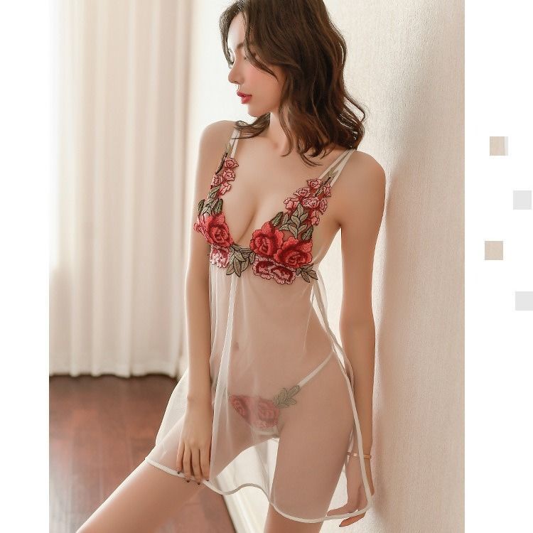 Đầm Ngủ Hai Dây Cổ Chữ V Khoét Sâu Phối Ren Trong Suốt Thêu Họa Tiết Quyến Rũ Cho Nữ | BigBuy360 - bigbuy360.vn