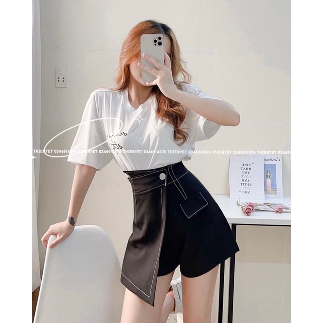 Quần GIẢ VÁY cạp cao trần CHỈ NỔI đen // Thiên Yết