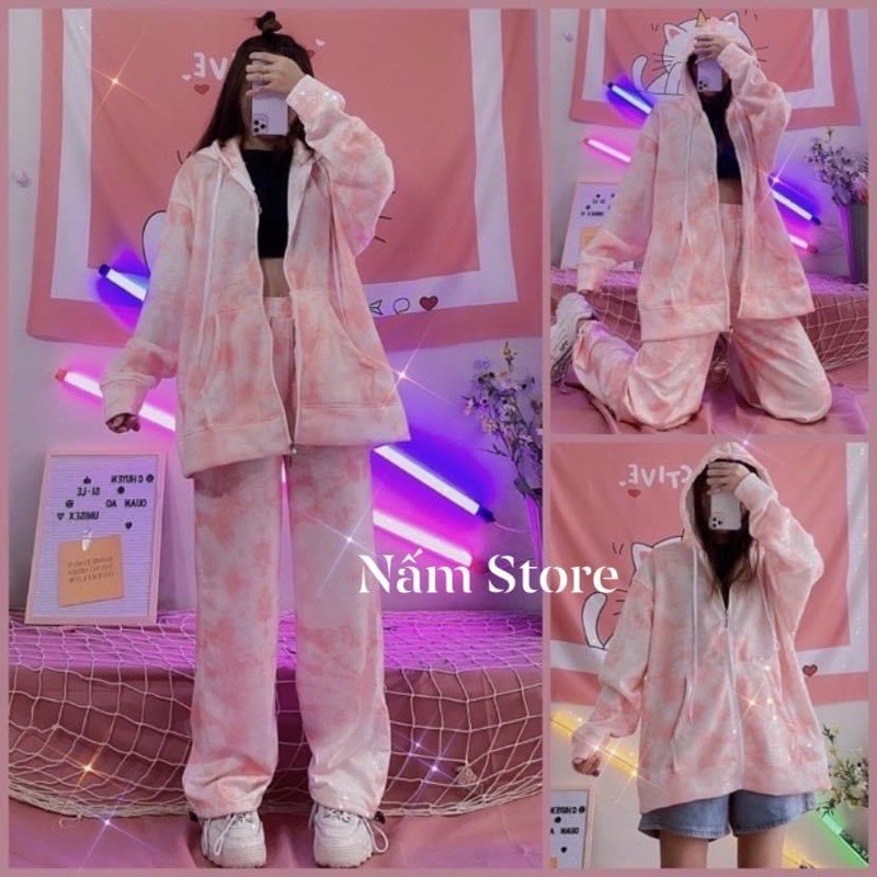 Set Bộ 3D Áo Khoác Hoodie Zip Loang Màu Kèm Quần Jogger Thun Dài Dây Rút Cao Cấp
