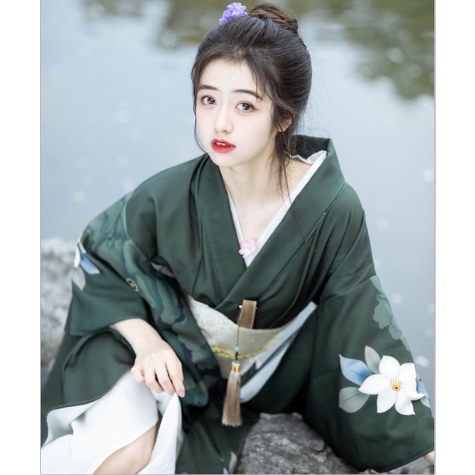 Kimono yukata nhật bản xanh lá đậm