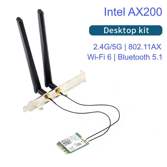 Intel AX200, M.2 wifi card, chuẩn Wifi 6, hai băng tần 2.4G và 5G tốc độ 3000M, có bluetooth 5.1. Bộ Deskto
