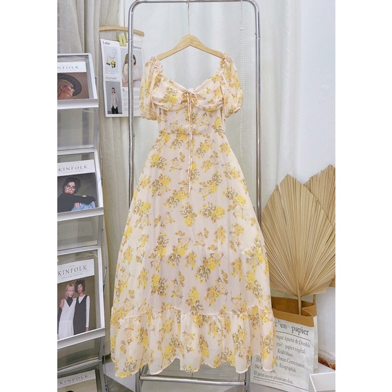 Đầm mixi hoa vàng bèo phồng