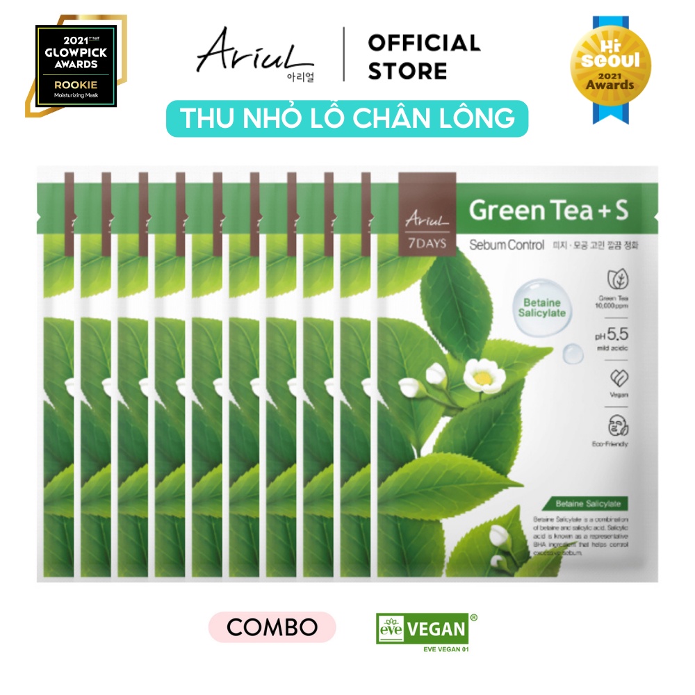 Combo 10 mặt nạ 7 ngày ARIUL 7 Days Mask Trà Xanh Green Tea + Betaine Salicylate 23ml