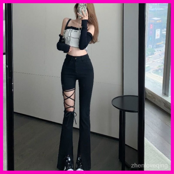 Quần Jean Đen Lưng Cao Ống Loe Xẻ Tà Trước Thời Trang Cho Nữ