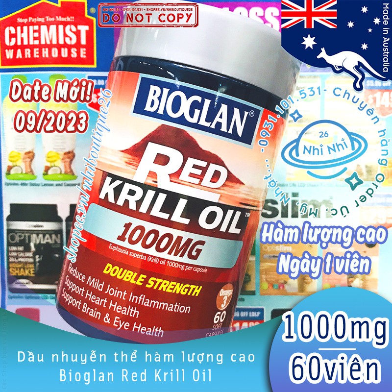 🦐CÓ BILL ÚC🦐 Dầu nhuyễn thể Krill Oil hỗ trợ viêm khớp, tim mạch Bioglan Red Krill Oil 1000mg 60 viên 🦐 Chuẩn Chemist 🦐