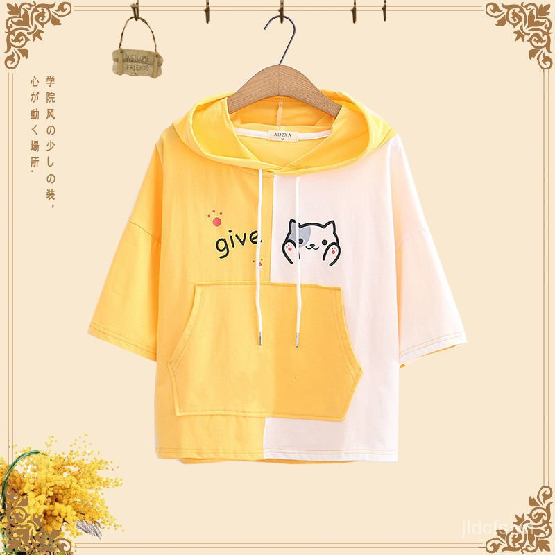 Áo thun vải cotton tay ngắn có mũ trùm đầu màu đẹp kiểu mùa hè năng động dành cho nữ