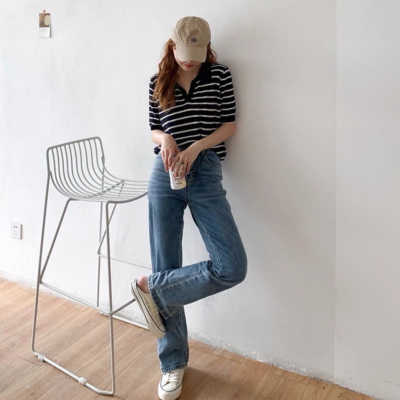 Áo thun nữ Ngắn tay Kẻ Sọc ngang Chất lụa băng Cổ V Form rộng Có Cổ bẻ POLO Áo phông nữ Tay ngắn Free size | BigBuy360 - bigbuy360.vn