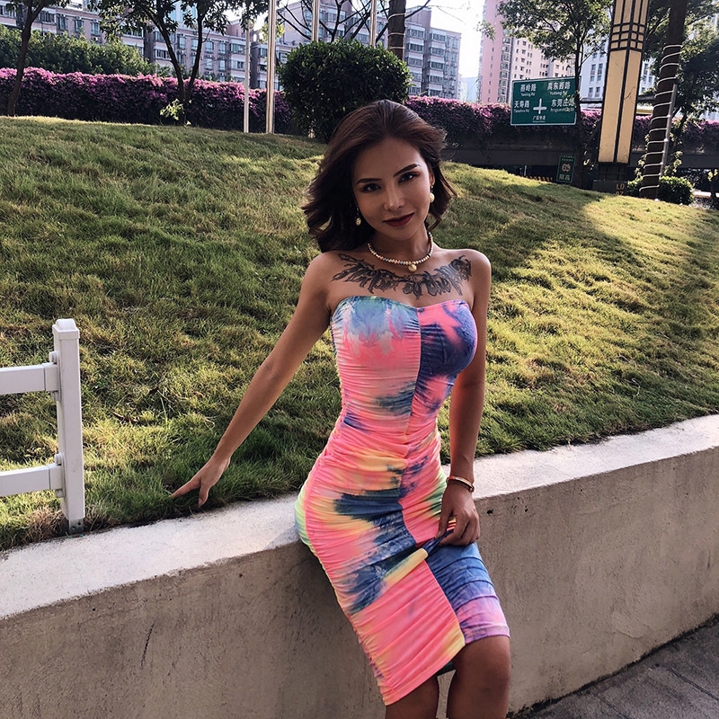 COD Sexy Strapless Muliticolor Print Slim Dress Women Sleeveless Bodycon Midi Dress | BigBuy360 - bigbuy360.vn