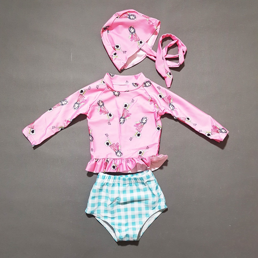 Bộ đồ bơi bikini 3 mảnh in hoa hồng tay dài che nắng cho con gái nhỏ 7-14kg