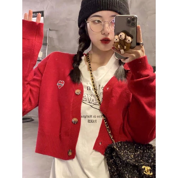 Áo khoác cardigan nữ dáng dài tay màu đỏ phong cách hàn quốc