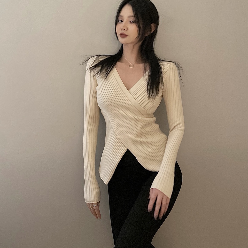 Áo len ZHELIHANGFEI kiểu Hàn Quốc trễ vai ulzzang vạt chéo dài tay cho nữ