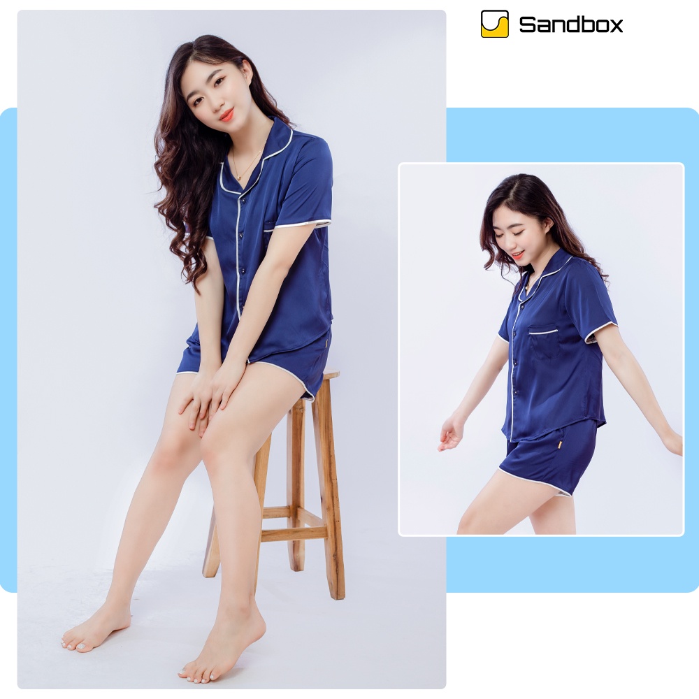 Đồ bộ nữ Pijama SANDBOX lụa satin Nhật mềm mát cho mùa hè tay cộc quần cộc phối viền tinh tế, trẻ trung(BLD22002)