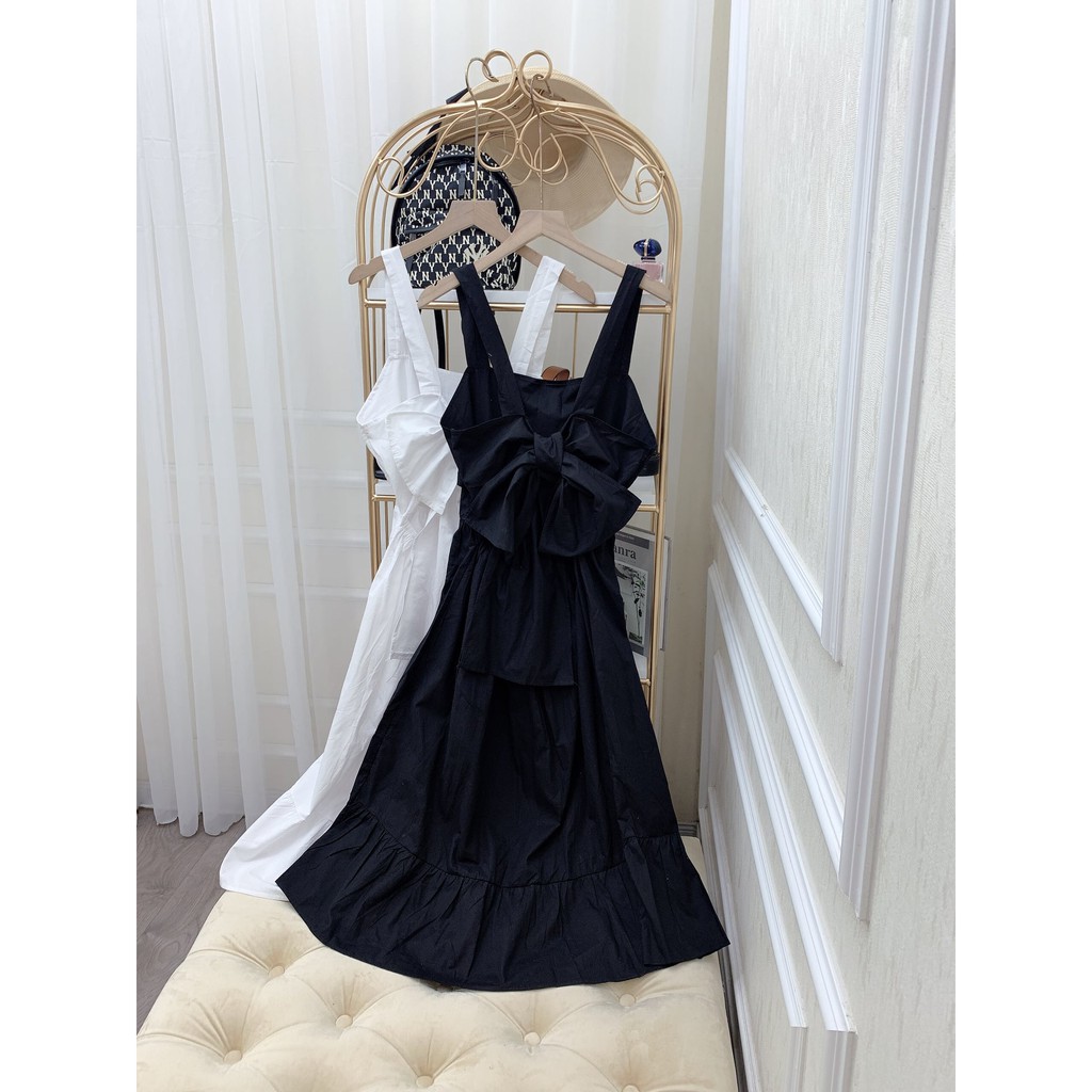 Váy đầm nữ 2 dây buộc nơ lưng trắng đen dáng suông dài cổ vuông freesize phom rộng đi biển du lịch hở lưng sexy C306 | BigBuy360 - bigbuy360.vn