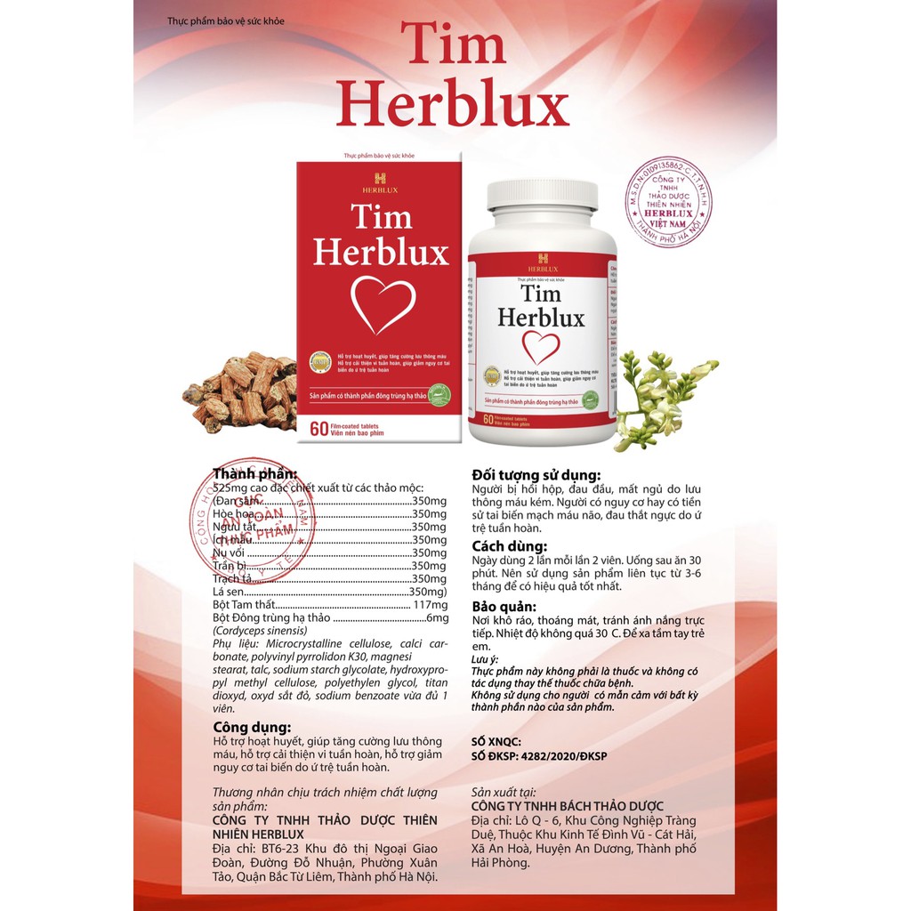 TIM MẠCH HERBLUX thực phẩm chức năng thảo dược đông y đông trùng hạ thảo tim hoạt huyết huyết áp giảm hồi hộp mất ngủ