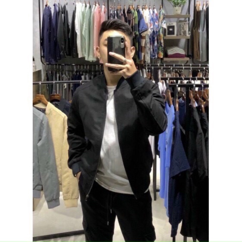 Áo da lộn lót gió nam màu đen-áo bomber zara nam xuất dư