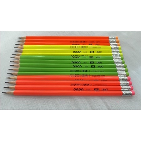 Bút chì gỗ, chì đen chuốt 2B Deli U518 - thân tam giác màu dạ quang neon có đầu gôm - 1 Cây
