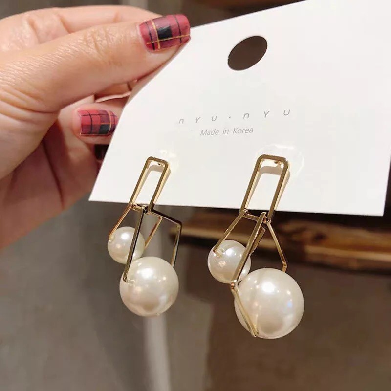 Bông tai Bạc 925 Phong Cách Hàn Quốc - Ngọc Châu Lớn Ô Vuông cá tính ( Cao Cấp )- ẢNH CHỤP THẬT