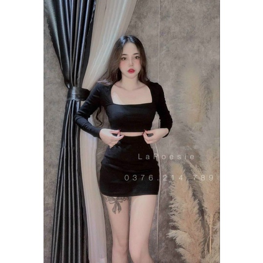 Set Thun Áo Croptop Tay Dài Cổ Vuông Và Váy Bút Chì Dáng Ngắn Form Ôm Body Sexy