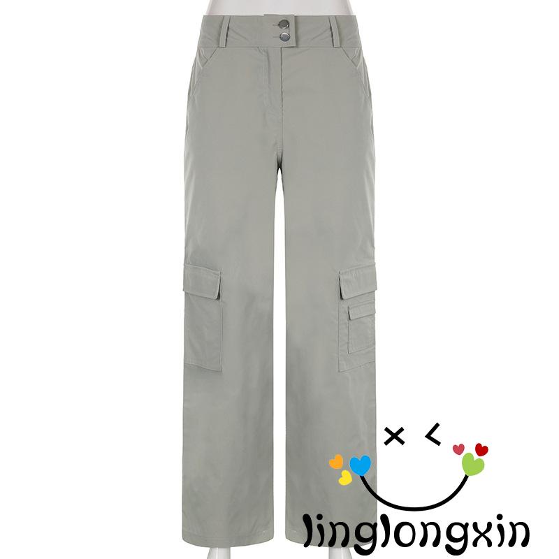 Linglongxi2-quần Túi Hộp Dáng Suông Rộng Cài Nút Có Khóa Kéo Cho Nữ