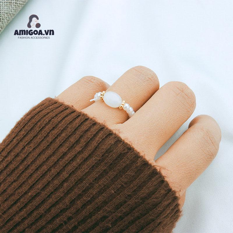 Nhẫn Đính Ngọc Trai Nhân Tạo Cá Tính Dành Cho Nữ