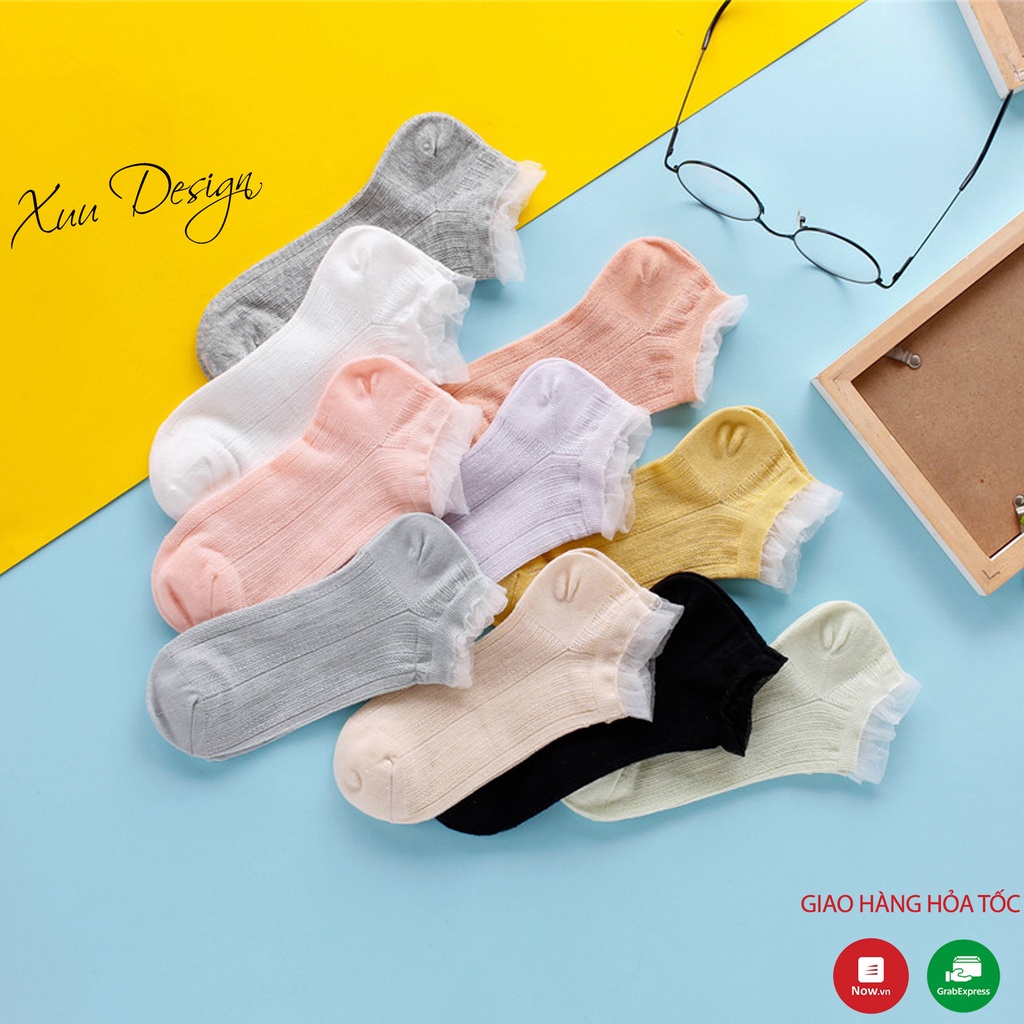 Tất nữ cổ ngắn viền phối lưới tiểu thư Xuu Design chất liệu cotton T06