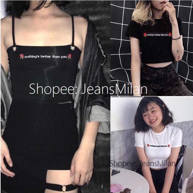 ÁO THUN CROPTOP ÔM BODY THÊU CHỮ NHỎ HOA HỒNG