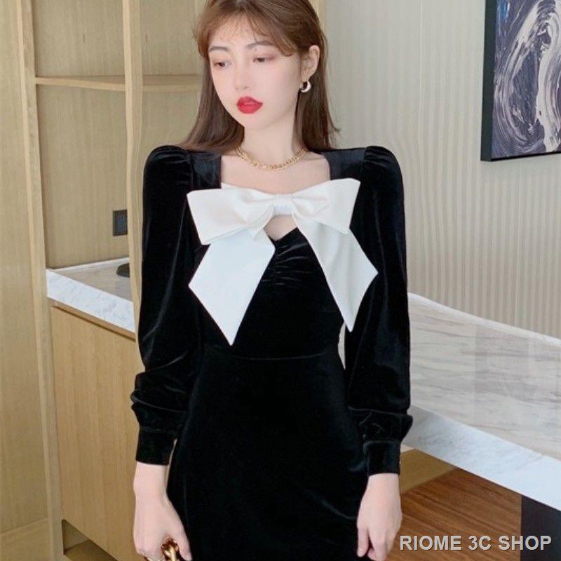 Đầm Nhung Đen Dài Tay Thắt Nơ Eo Thời Trang | BigBuy360 - bigbuy360.vn