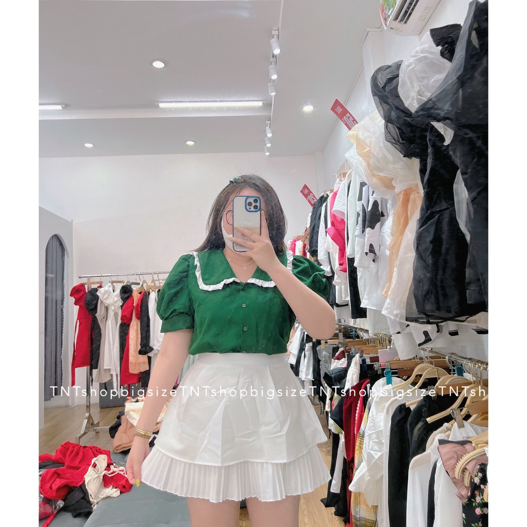 ÁO XANH LÁ TAY BÚP VIỀN BÈO TRẮNG [TNTSHOP BIGSIZE 60KG 90KG]