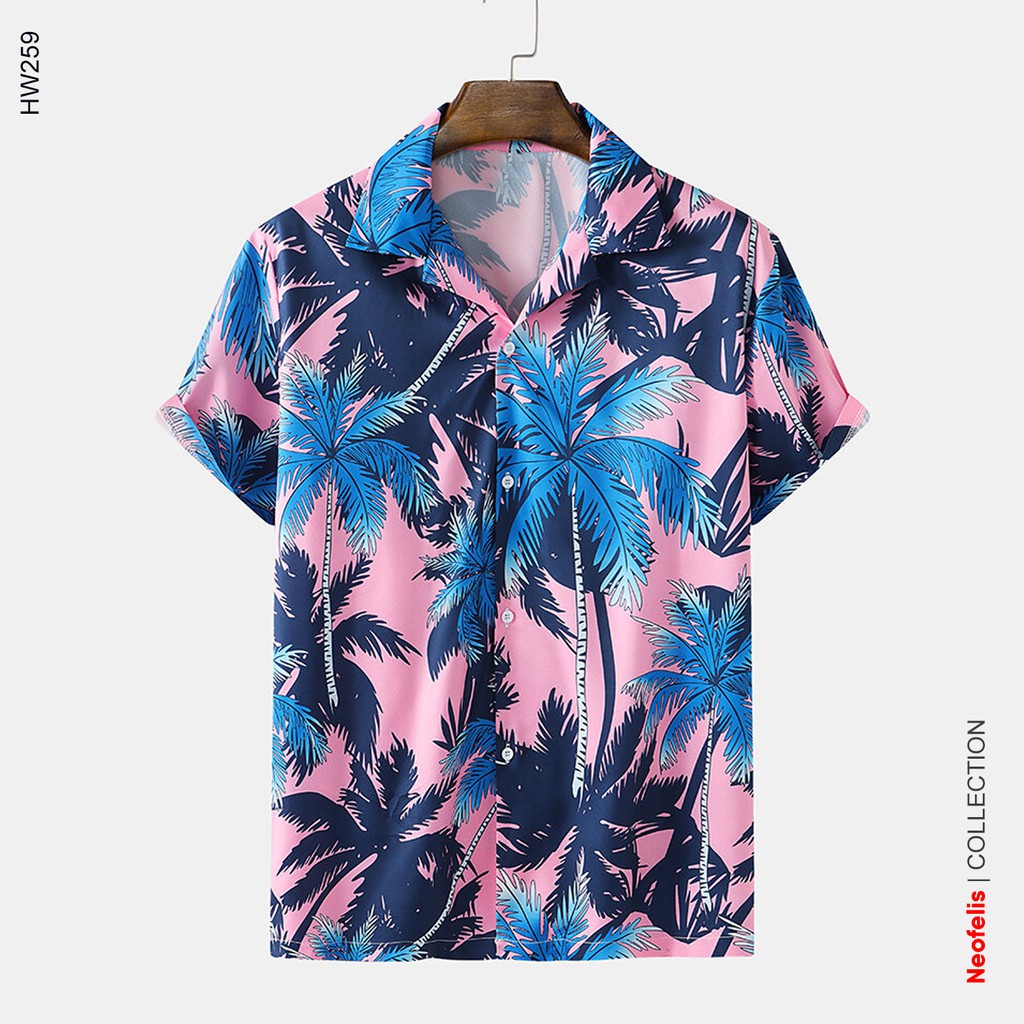 Áo Sơ Mi Nam Form Rộng Hoạ Tiết Ngắn Tay Màu Hồng Lá - Hawai HW259 Mặc Đi Du Lịch Đi Biển