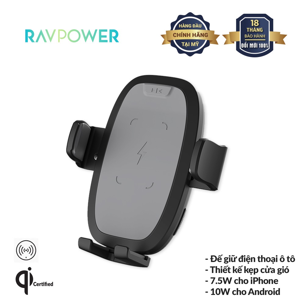 [Mã LT50 giảm 50k đơn 250k] Giá Đỡ Điện Thoại Xe Hơi RAVPower RP-SH014 10W Tích Hợp Sạc Không Dây, Xoay 360 độ