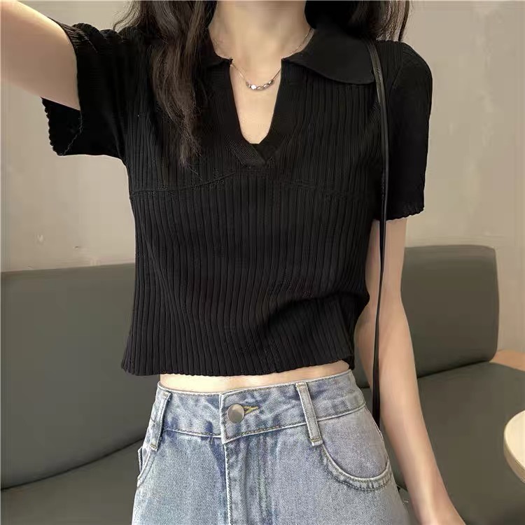 Áo polo croptop dệt kim nữ - Áo thun nữ len tăm tay ngắn kiểu cổ V phong cách Hàn Quốc