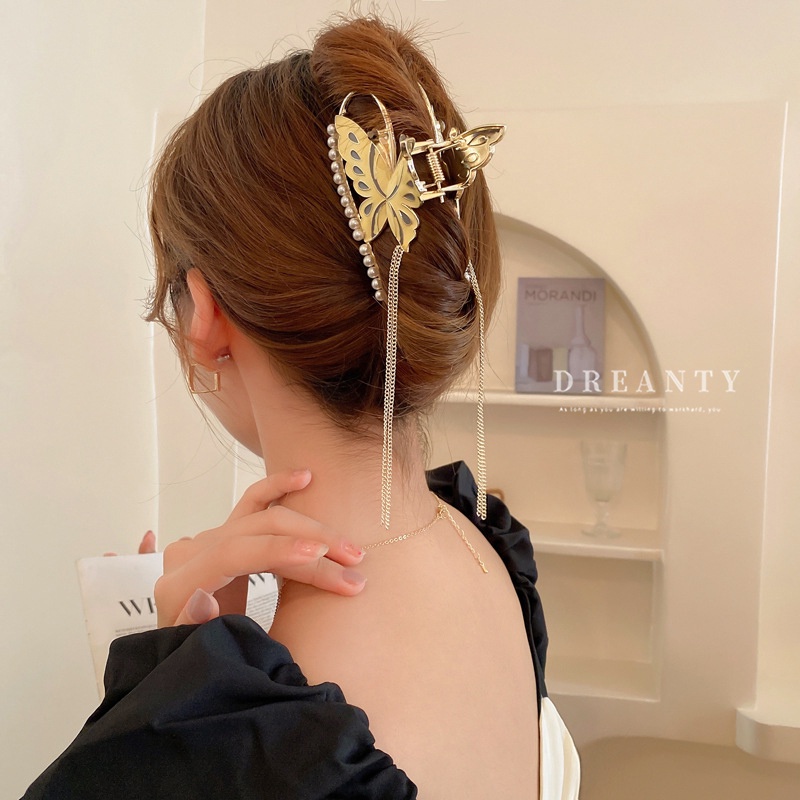 Kẹp Tóc Kim Loại Hình Bướm Đính Ngọc Trai Phong Cách Thời Trang