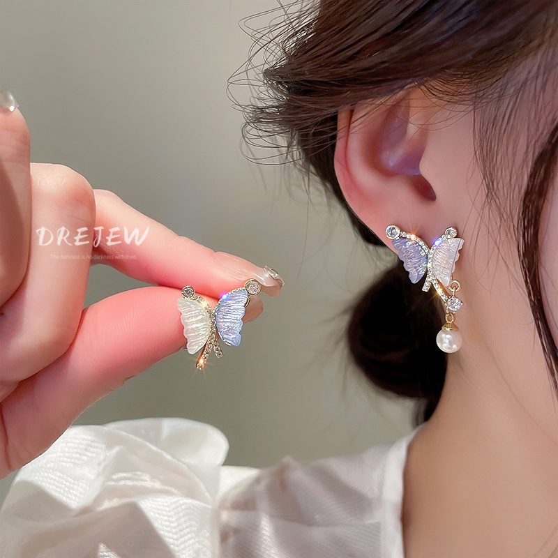 DREJEW Bông Tai Bạc Hình Bướm Đính Ngọc Trai Sang Trọng Thời Trang Phong Cách Pháp 1