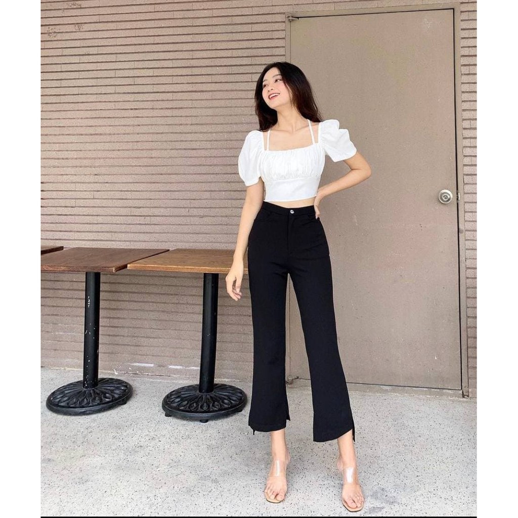 Áo Croptop Dây Đan Chéo Lưng Có Tay YUMMY (TRẮNG)