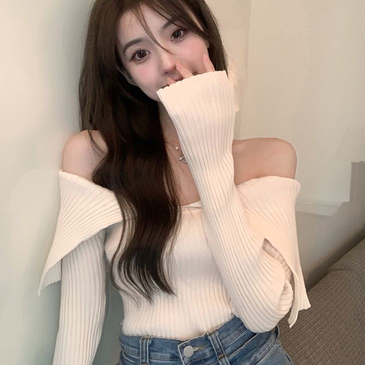 COZOK Áo Len Tay Dài Trễ Vai Form Ôm Kiểu Dáng Đơn Giản Hợp Thời Trang