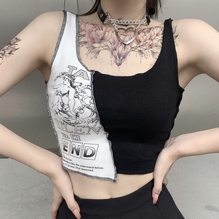 Áo croptop sát nách ghép màu in chữ phong cách punk đường phố cá tính cho nữ